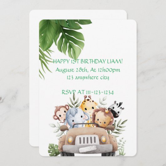 SAFARI-ABENTEUER GEBURTSTAGLICHE EINLADUNG, DIGITA EINLADUNG (Vorne/Hinten)