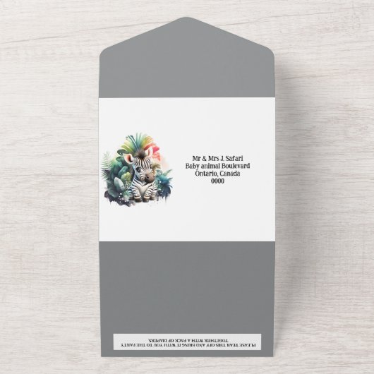 Safari-Abenteuer niedlicher Zebra-Dschungel-Grünzo All In One Einladung (Außenbereich)