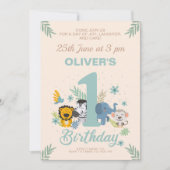 Safari Adventure mit Niedlichen Tieren 1. Geburtst Einladung (Vorderseite)