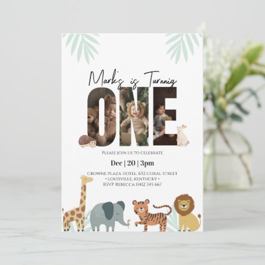 Safari Animal 1. Geburtstag Einladung (Stehend Vorderseite)
