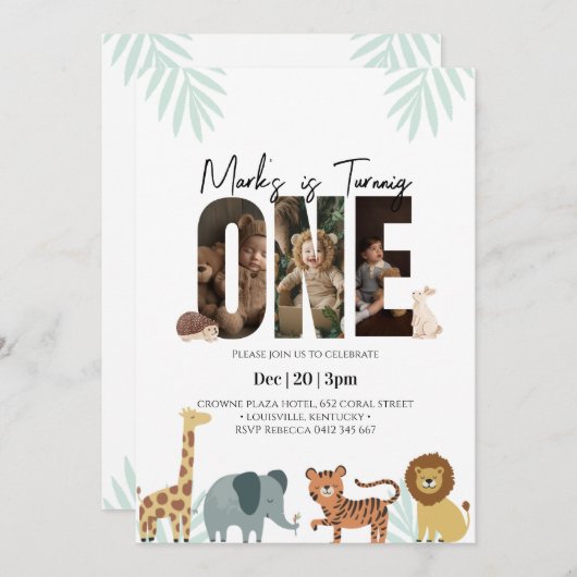 Safari Animal 1. Geburtstag Einladung (Vorne/Hinten)