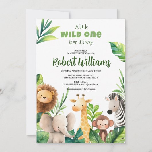 Safari Animal Aquarell Babydusche Einladung (Vorderseite)