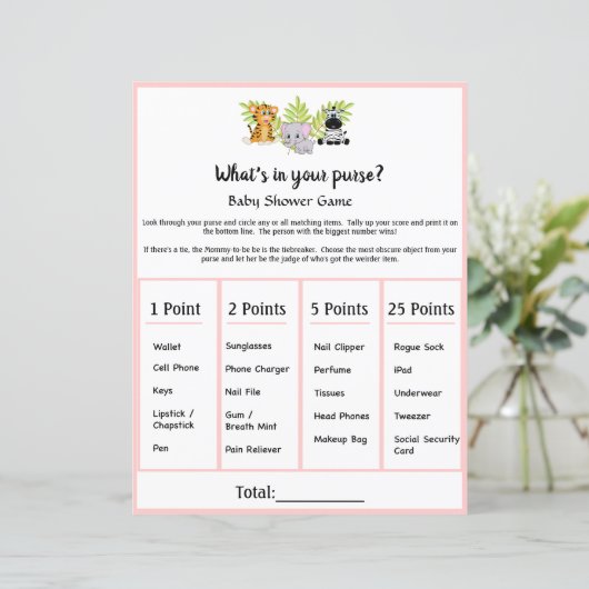Safari Animal Baby Shower was in Ihrem Purse Game (Stehend Vorderseite)