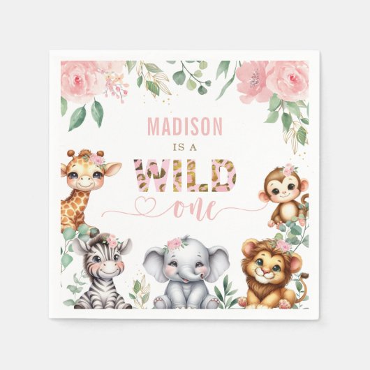 Safari Animal Blush Pink Floral Wild Ein Geburtsta Serviette (Vorderseite)