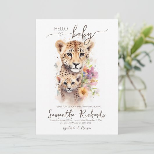 Safari Animal Cheetah Floral Mama Babydusche Einladung (Stehend Vorderseite)