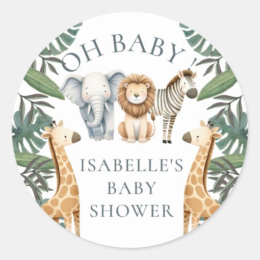 Safari Animal Custom Baby Dusche Runder Aufkleber (Vorderseite)