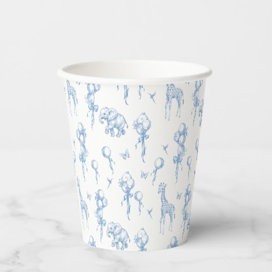 Safari Animal Dusty Blue Toile Baby Boy Dusche Pappbecher (Vorderseite)