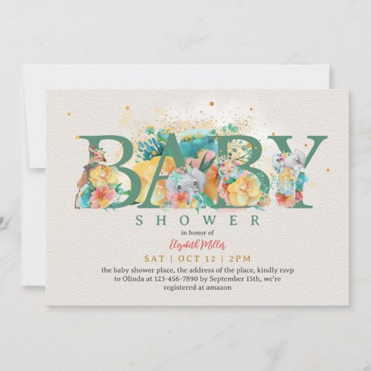 Safari Animal Elephant Giraffe Baby Girl Dusche Einladung (Vorderseite)