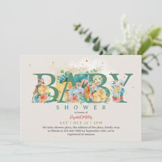 Safari Animal Elephant Giraffe Baby Girl Dusche Einladung (Stehend Vorderseite)