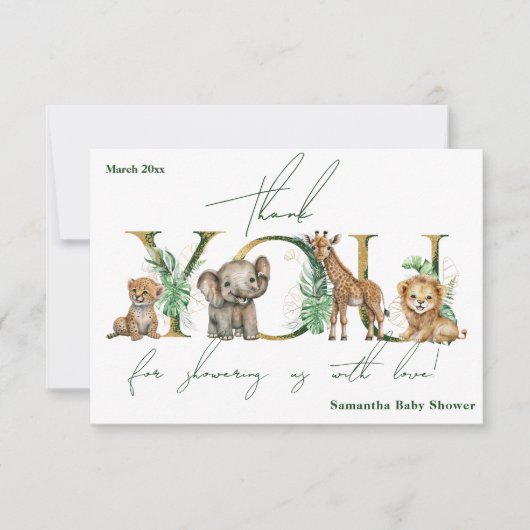 Safari Animal Jungle Green & Gold Junge Baby Dusch Dankeskarte (Vorderseite)