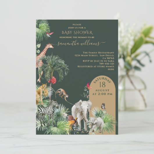 Safari Animal Jungle Greenerie Tropical Baby Dusch Einladung (Stehend Vorderseite)