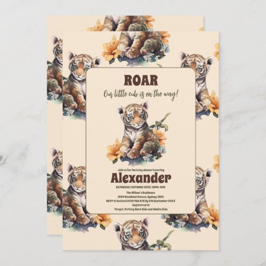Safari Animal Jungle Tiger Baby Dusche Einladung (Vorne/Hinten)