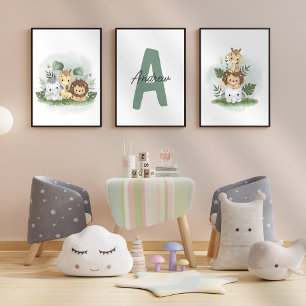 Safari Animal Kinderzimmer Watercolor Erstname Kin Bilderwand Sets