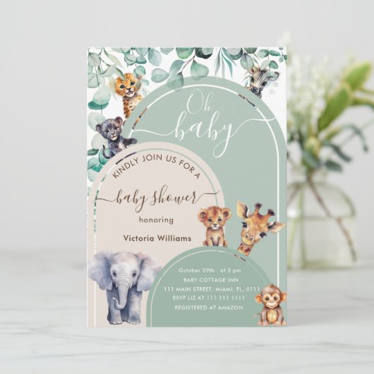 Safari Animal Niedlich Gender Neutral Baby Shower Einladung (Stehend Vorderseite)