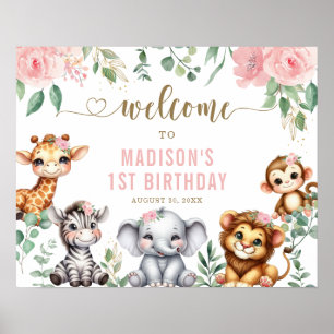Safari Animal Pink Floral 1. Geburtstag Willkommen Poster