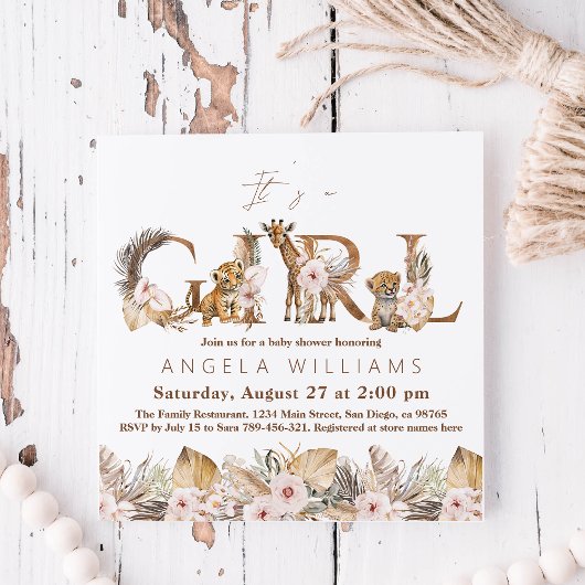 Safari Animal Tropical Floral Girl Babydusche Einladung
