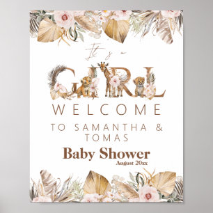 Safari Animal Tropical Floral Girl Babydusche Poster