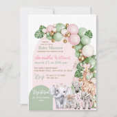 Safari Animal Tropical Green Pink Baby Girl Dusche Einladung (Vorderseite)