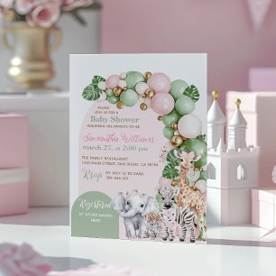 Safari Animal Tropical Green Pink Baby Girl Dusche Einladung