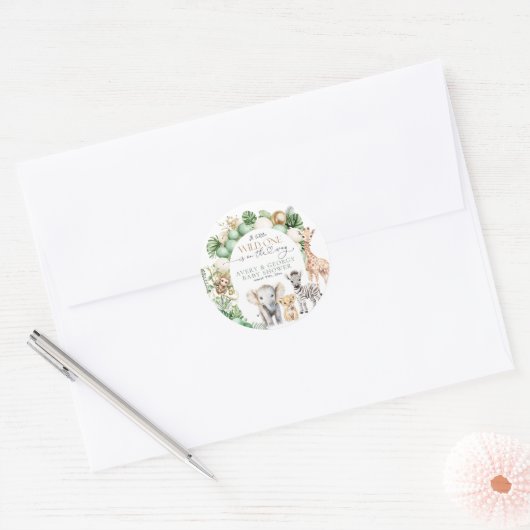 Safari Animal Tropical Green Wild One Baby Dusche Runder Aufkleber (Umschlag)