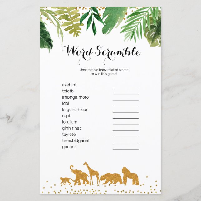 Safari Animal Watercolor Word Scramble Game, (Vorderseite)