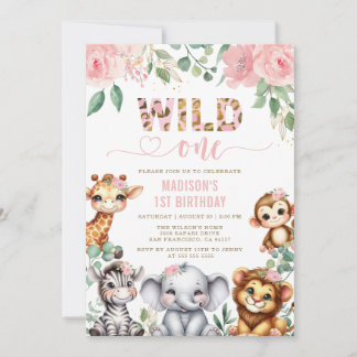 Safari Animal Wild One Blush Floral 1. Geburtstag Einladung