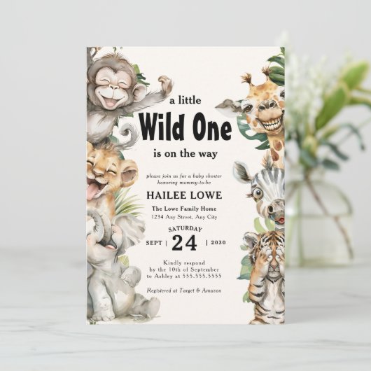 Safari Animal Wild One Jungle Baby Dusche Einladung (Stehend Vorderseite)