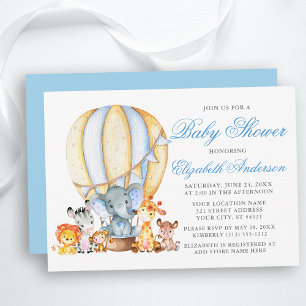 Safari Animals Air Balloon Baby Dusche Blue Silver Einladung