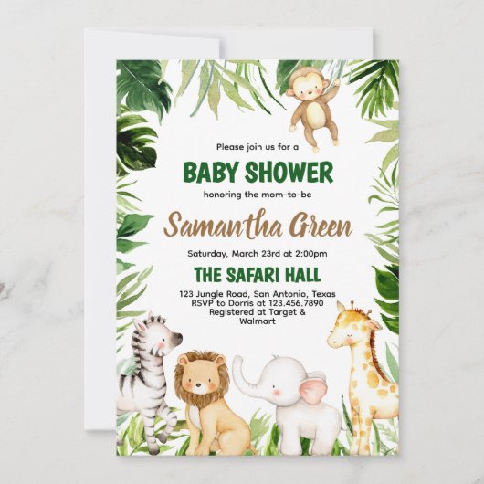 Safari Animals Baby Dusche Einladung (Vorderseite)