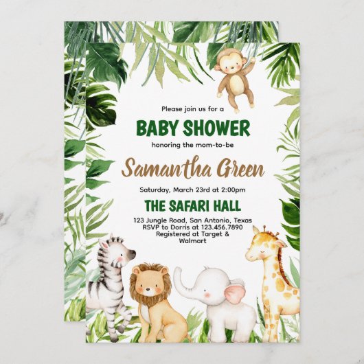 Safari Animals Baby Dusche Einladung (Vorne/Hinten)