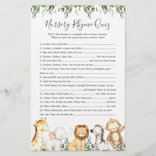 Safari Animals Baby Dusche Kinderzimmer Rhyme Quiz