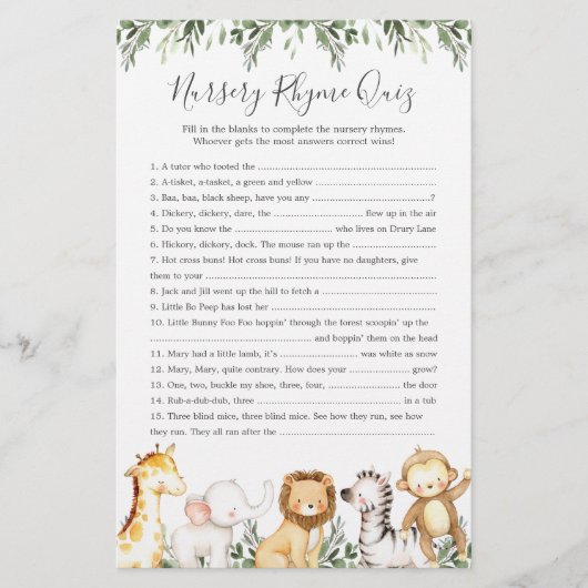 Safari Animals Baby Dusche Kinderzimmer Rhyme Quiz (Vorderseite)