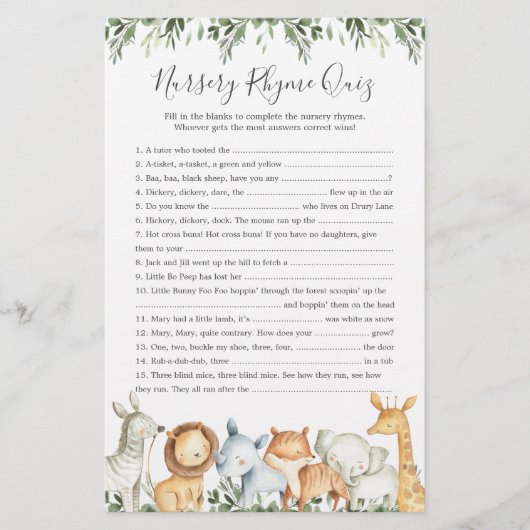 Safari Animals Baby Dusche Kinderzimmer Rhyme Quiz (Vorderseite)