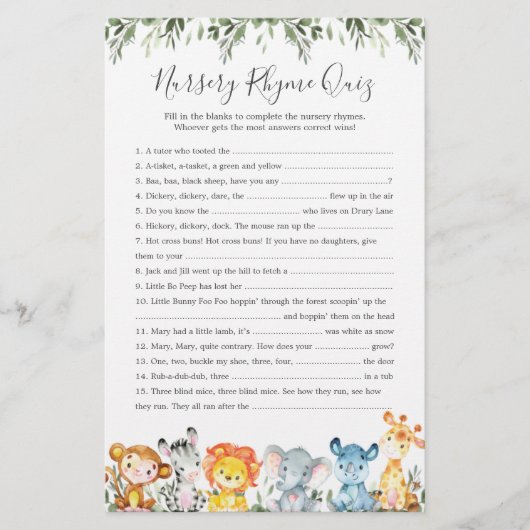 Safari Animals Baby Dusche Kinderzimmer Rhyme Quiz (Vorderseite)