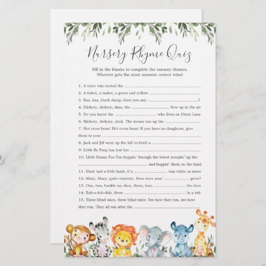 Safari Animals Baby Dusche Kinderzimmer Rhyme Quiz (Vorne/Hinten)