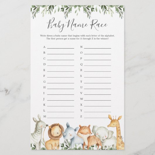 Safari Animals Baby Dusche Name Race Game (Vorderseite)