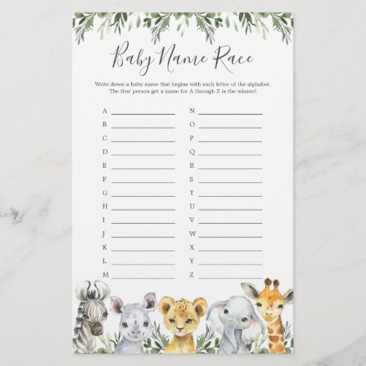 Safari Animals Baby Dusche Name Race Game (Vorderseite)