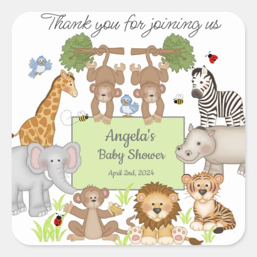 Safari Animals Baby Dusche Party Quadratischer Aufkleber (Vorderseite)