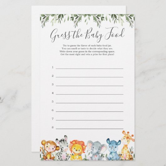 Safari Animals Baby Dusche Ratet The Baby Food (Vorne/Hinten)