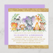 Safari Animals Baby Dusche Violet Bow Glitzer Sq Einladung (Vorne/Hinten)
