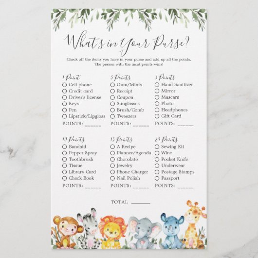 Safari Animals Baby-Dusche Was ist in Ihrer Tasche (Vorderseite)