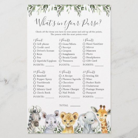 Safari Animals Baby-Dusche Was ist in Ihrer Tasche (Vorderseite)