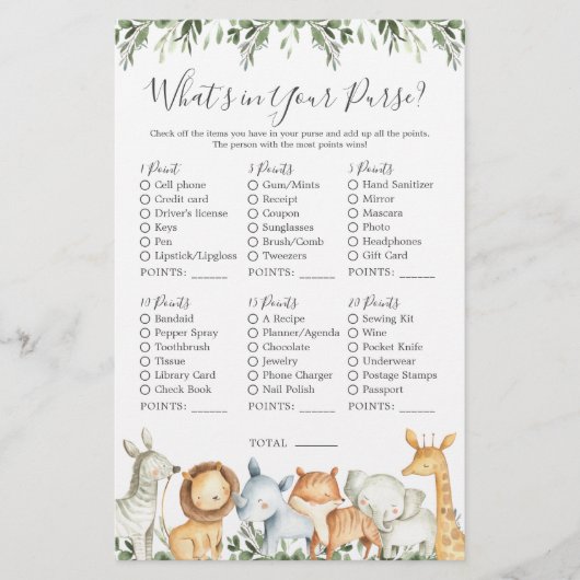 Safari Animals Baby-Dusche Was ist in Ihrer Tasche (Vorderseite)