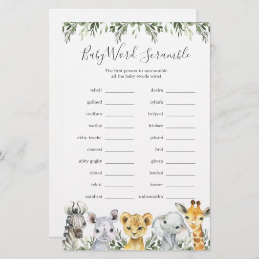 Safari Animals Baby Dusche Word Scramble Game (Vorne/Hinten)
