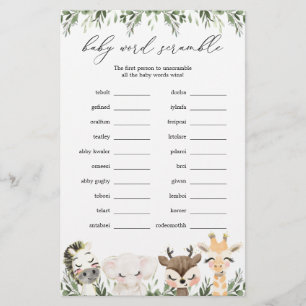 Safari Animals Baby Dusche Word Scramble Game