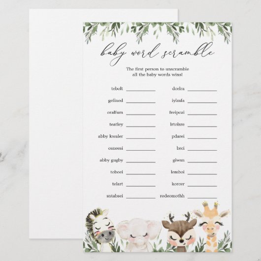 Safari Animals Baby Dusche Word Scramble Game (Vorne/Hinten)