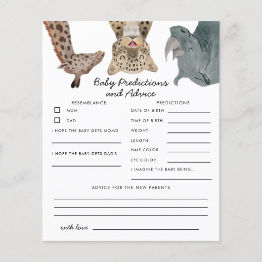 Safari Animals Baby Predictions & Advice Card (Vorderseite)