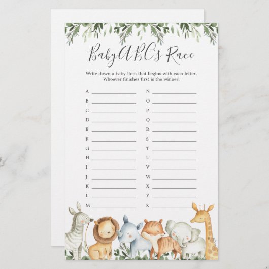 Safari Animals Baby Shower ABCs Race Game (Vorne/Hinten)