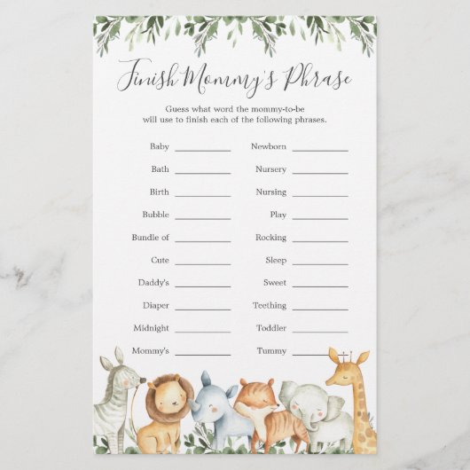 Safari Animals Baby Shower beenden Mommy's Phrase (Vorderseite)