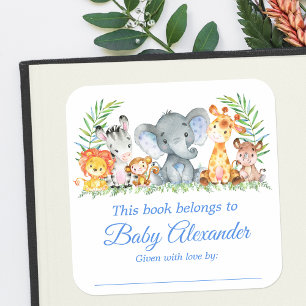 Safari Animals Baby Shower Blue Buchzeichen Labels Quadratischer Aufkleber